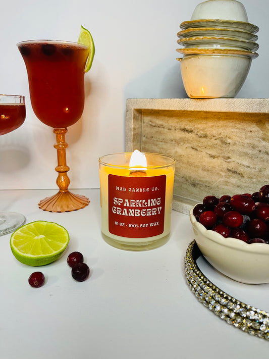 Sparkling Cranberry 10oz Glass Jar Soy Candle front view, natural soy candle shop, scented non-toxic soy candle, wholesale handmade candles, soy candle care