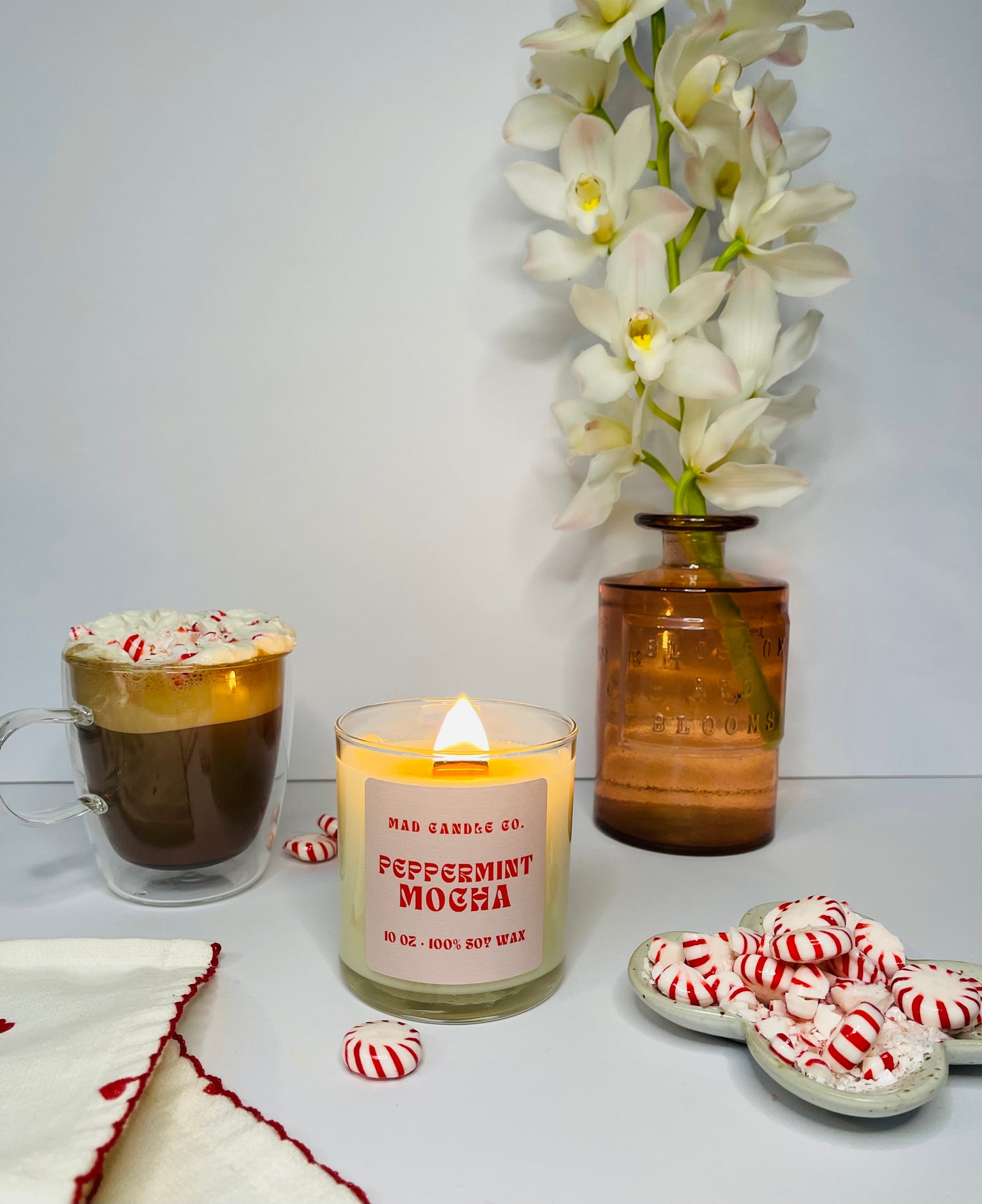 Peppermint Mocha 10oz Glass Jar Soy Candle side view, natural soy candle shop, scented non-toxic soy candle, wholesale handmade candles, soy candle care