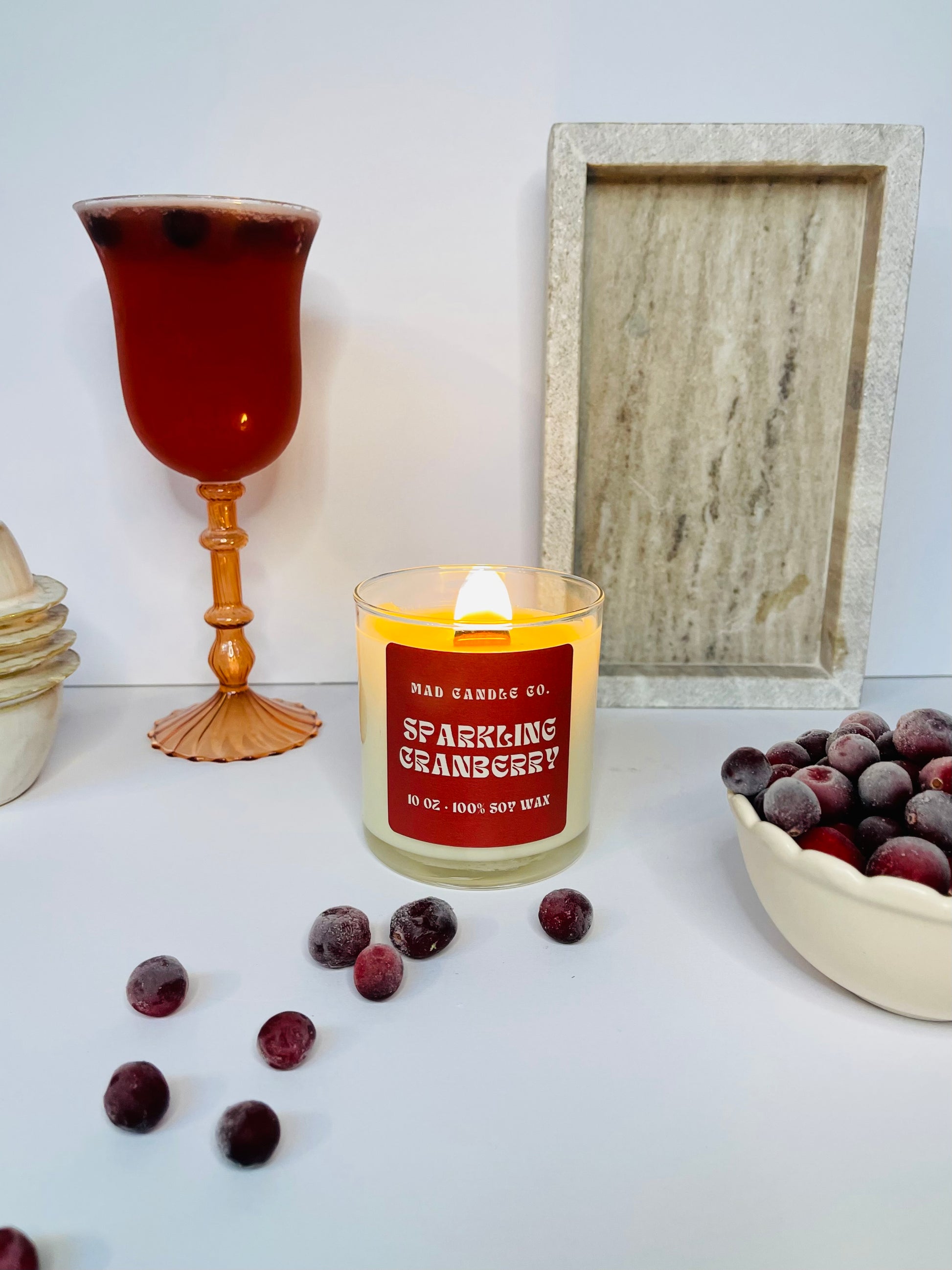 Sparkling Cranberry 10oz Glass Jar Soy Candle side view, natural soy candle shop, scented non-toxic soy candle, wholesale handmade candles, soy candle care