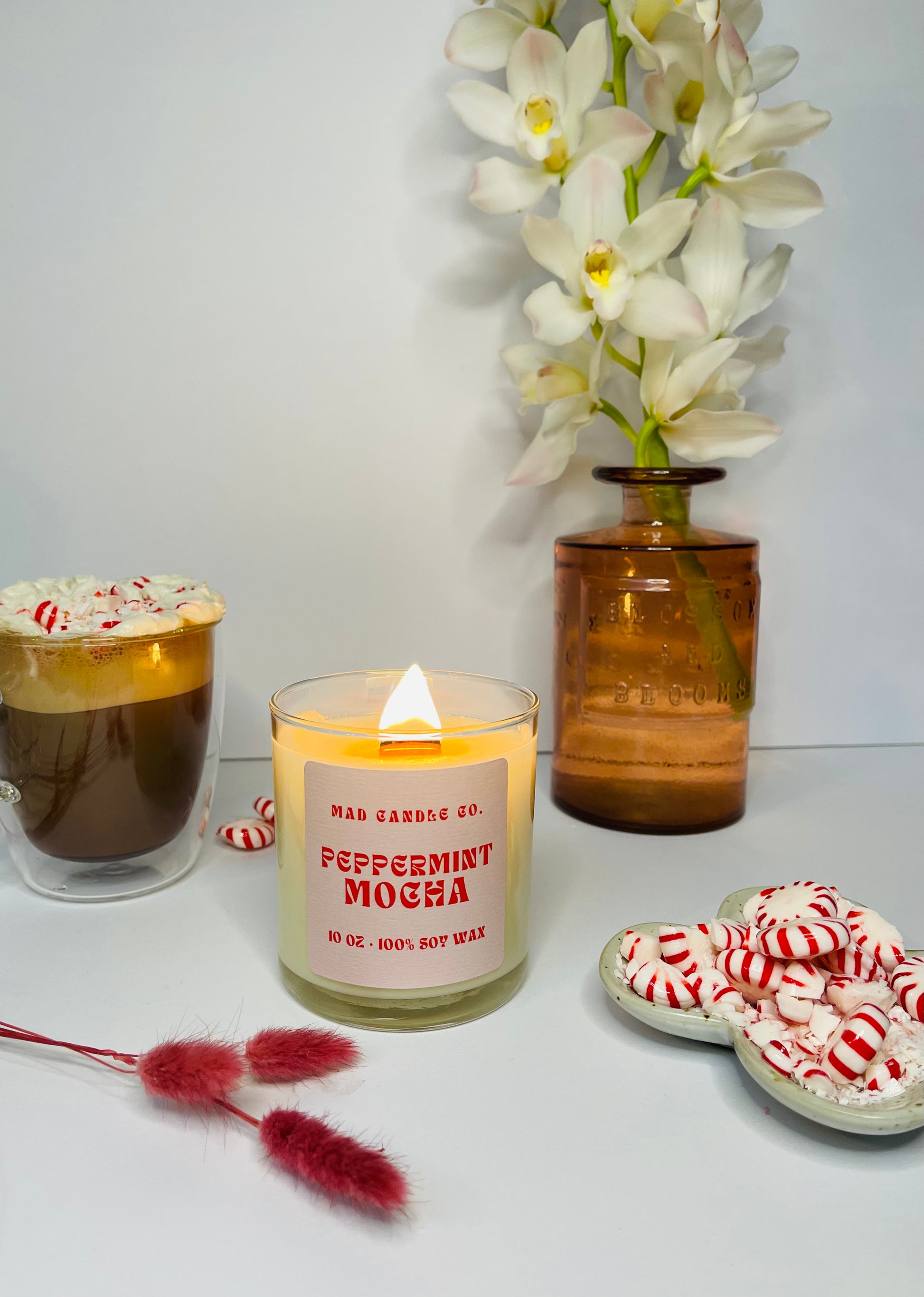 Peppermint Mocha 10oz Glass Jar Soy Candle detail view, natural soy candle shop, scented non-toxic soy candle, wholesale handmade candles, soy candle care