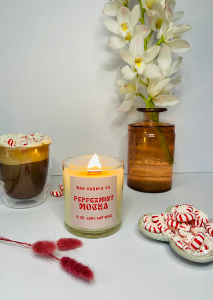 Peppermint Mocha 10oz Glass Jar Soy Candle detail view, natural soy candle shop, scented non-toxic soy candle, wholesale handmade candles, soy candle care